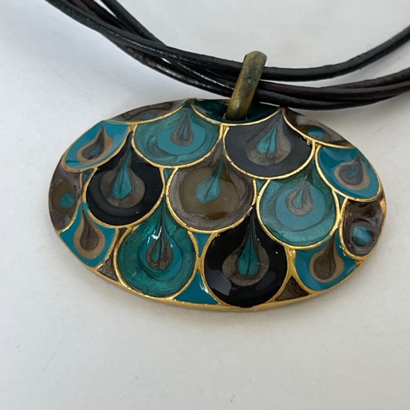 Chico's Pendant Necklace Peacock Blue Green Black Multi Strand Cord - Picture 2 of 8